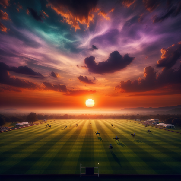 A tranquil sunset over a polo field, invoking a sense of calm and focus.