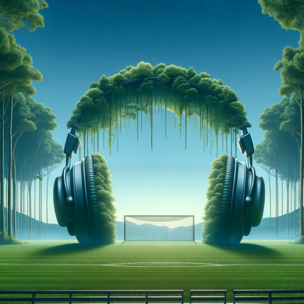 Serene landscape with a soccer goal and headphones