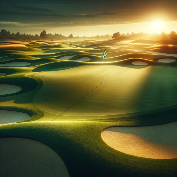 Perfectly manicured putting green in the golden hour, indicative of precision and skill in golf.