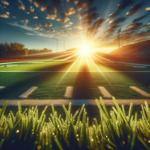 A vibrant sunrise spreading light over a calm football field