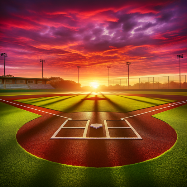 A baseball field bathed in the light of a vibrant sunrise