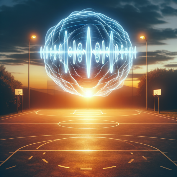 Basketball court with a glowing audio wave symbolizing hypnosis