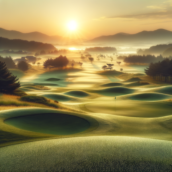 Serene golf course landscape at sunrise with rolling greens