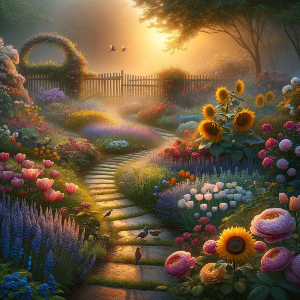 A blooming flower garden bathed in morning light, indicating growth and new beginnings.