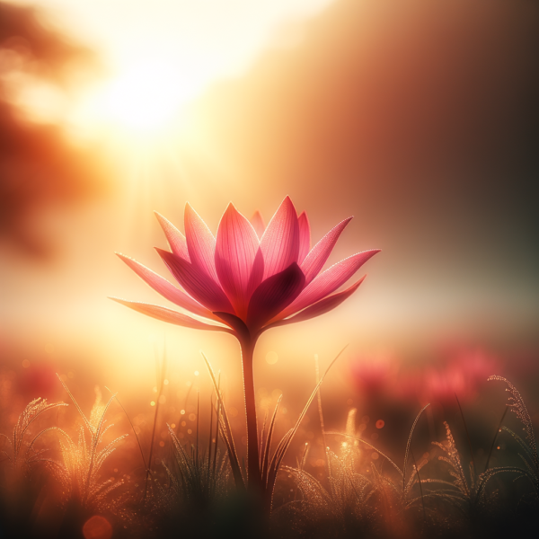 A single flower opening under the gentle rays of morning light, suggesting new beginnings