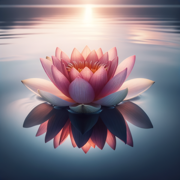 A blooming lotus flower in calm water, representing serenity and inner beauty