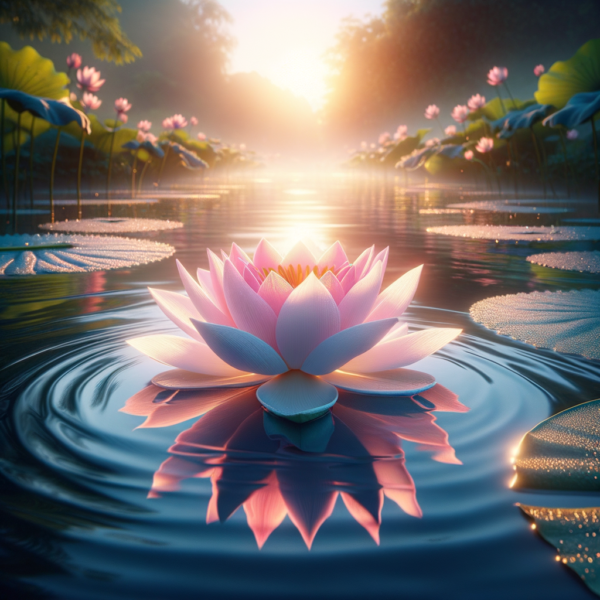 A serene lotus flower blooming on a pond, representing personal growth