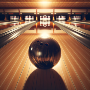 Bowling ball rolling down a lane toward pins