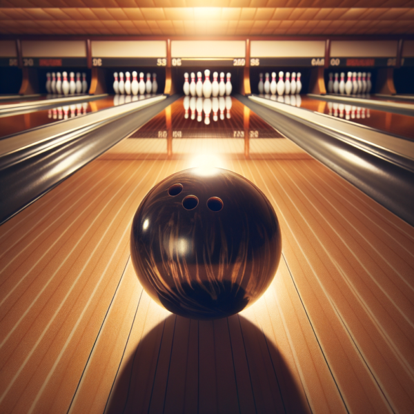 Bowling ball rolling down a lane toward pins