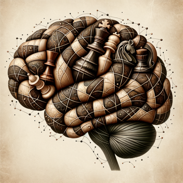 An artistic representation of a brain with integrated chess elements