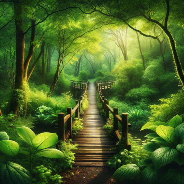 Wooden bridge surrounded by lush greenery