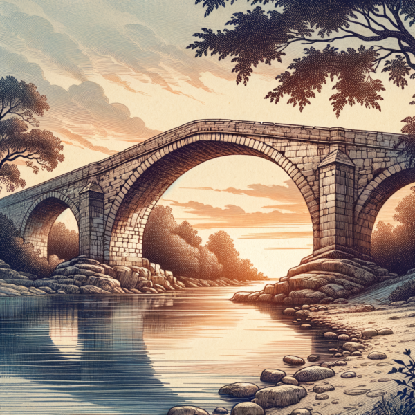 Stone bridge arching over serene water embodying sustainable personal growth