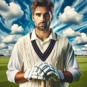 A solitary cricket player with a serene expression standing poised on a vibrant cricket field.