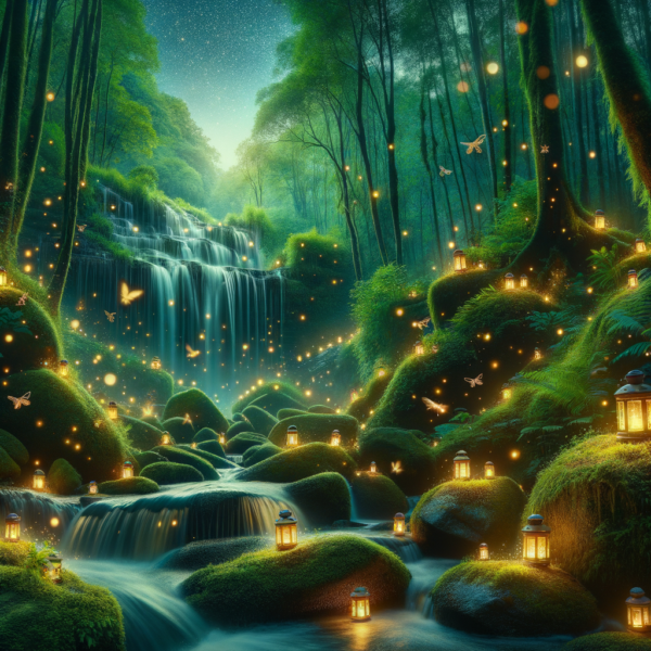 Relaxing evening scene in a magical forest