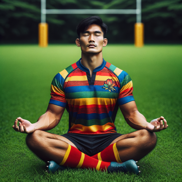 Rugby player sitting in meditation pose, relaxed and tranquil