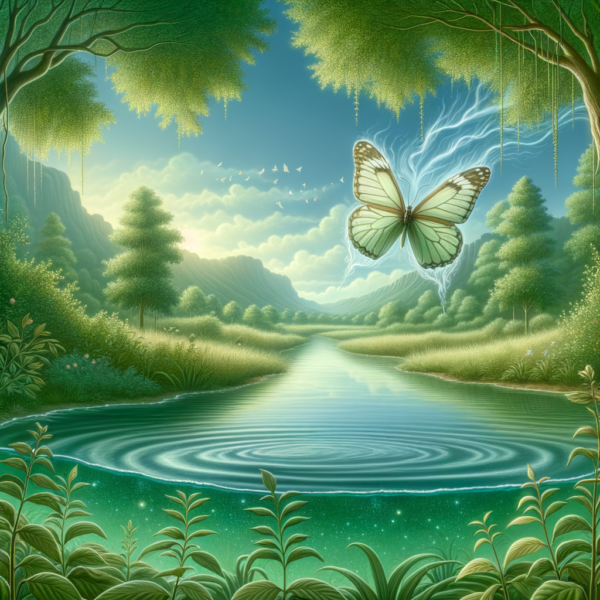 harmonious image depicting a butterfly over a tranquil pond