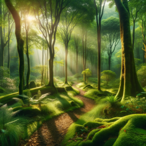 A serene pathway leading through a tranquil forest under a clear sky.