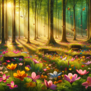 peaceful forest landscape with vibrant flowers and gentle insects