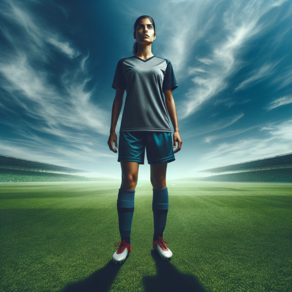 A serene and focused football player standing in the middle of a field