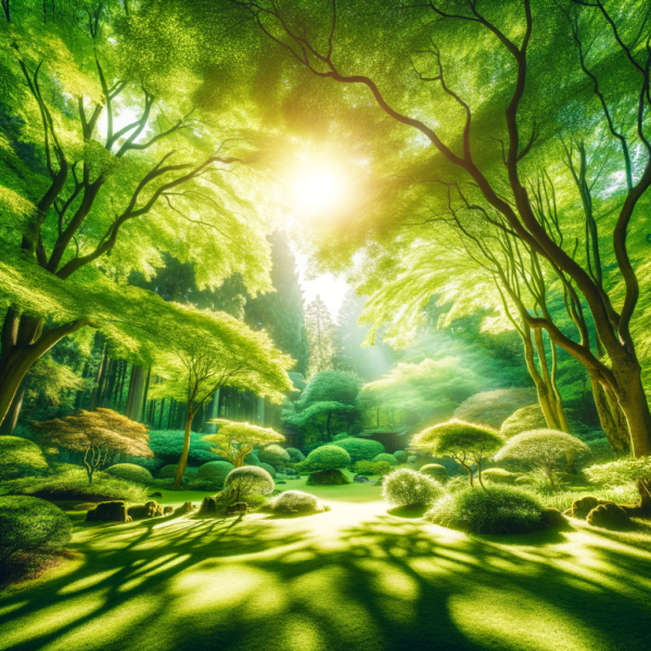 A peaceful garden scene with sunlight filtering through leafy trees.