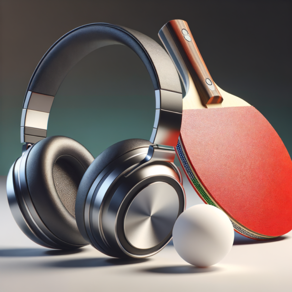 Modern headphones next to a table tennis ball and paddle