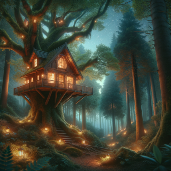 Magical treehouse in an enchanted forest