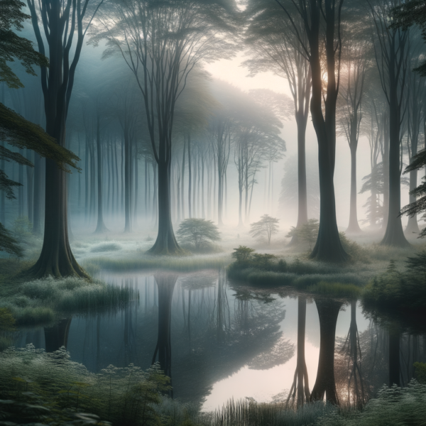 tranquil reflection in quiet woods with morning mist