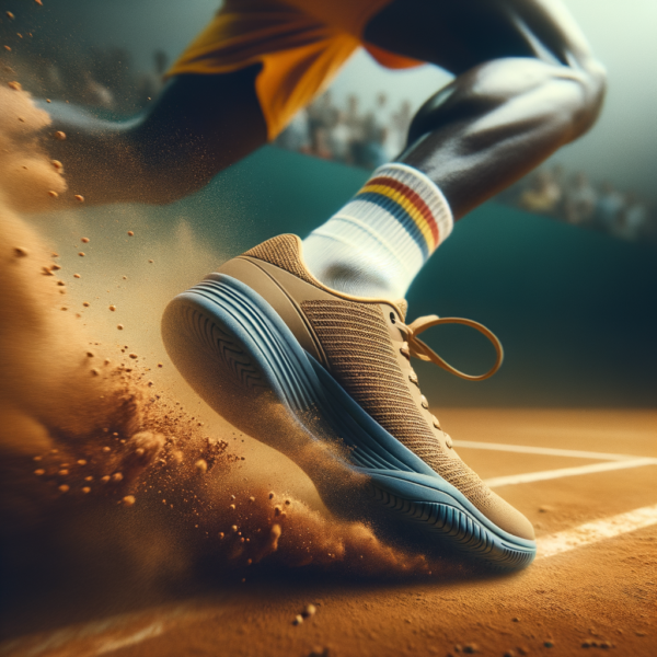 A close-up of a tennis player's shoe mid-stride on a clay court