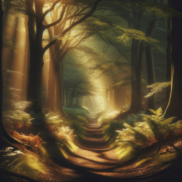 Calming forest path with soft sunlight, depicting a journey to personal peace through hypnosis.