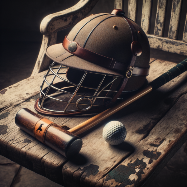 Close-up of a polo mallet and helmet resting on a rustic wooden bench