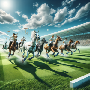 A dynamic image of a sleek polo field with vibrant colors and galloping horses.