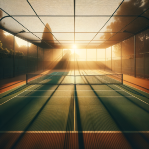 A serene tennis court at sunrise conveying focus and clarity