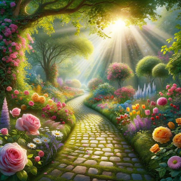 Enchanted garden path surrounded by vibrant flowers and lush greenery