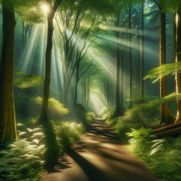 Serene forest pathway surrounded by lush greenery