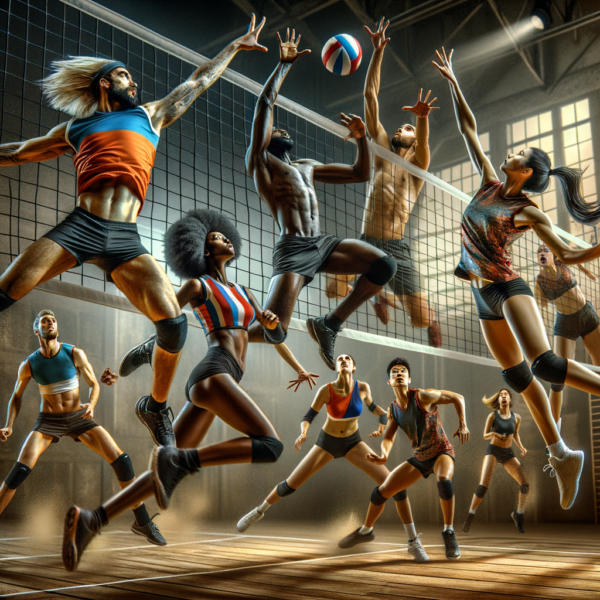 Energetic action on a volleyball court