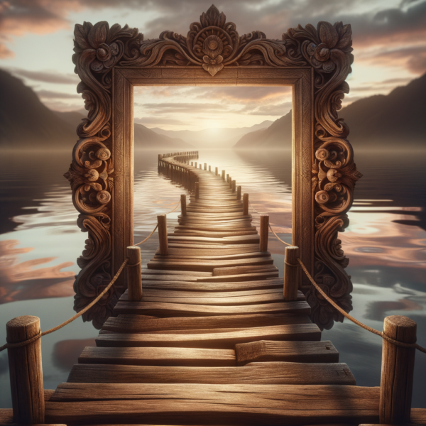 Intricately designed wooden path over a peaceful lake representing structured personal growth