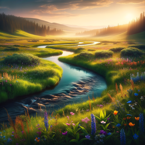 A peaceful, flowing stream through a quiet meadow, symbolizing the flow of new thoughts and ideas.