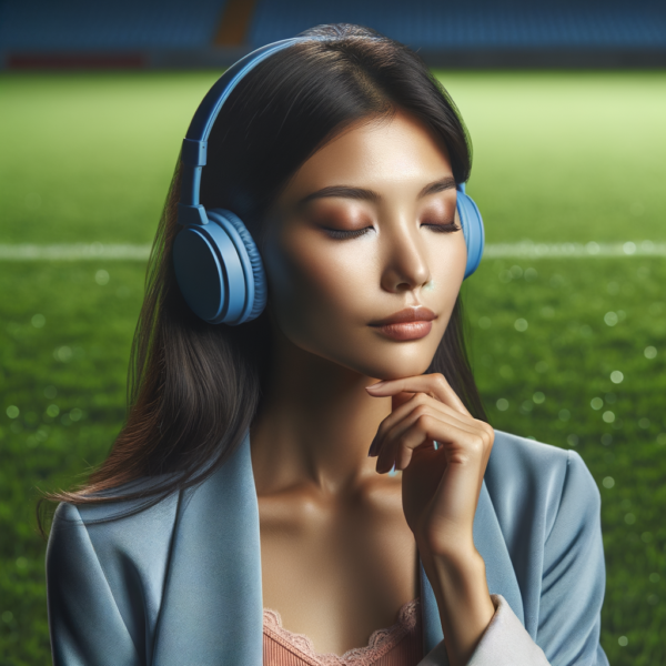 Soccer player meditating with headphones concept