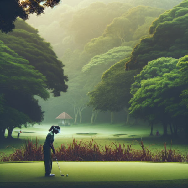 A golfer standing calmly on the green focusing on the ball