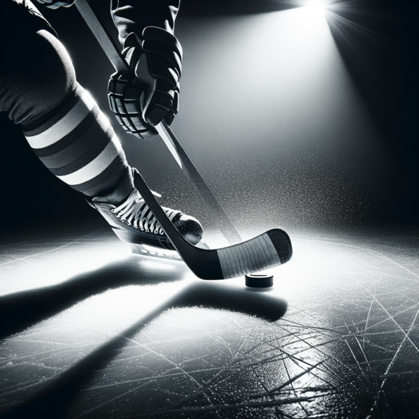 Detailed hockey stick on ice with intense focus lighting