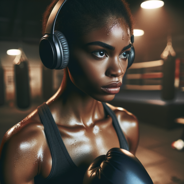 Boxer deeply focused during a training session with headphones