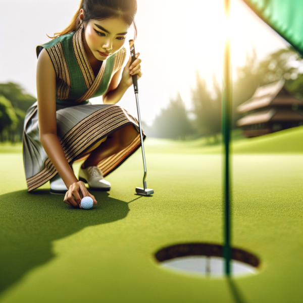 Golfer intensely focused on lining up a putt on a green