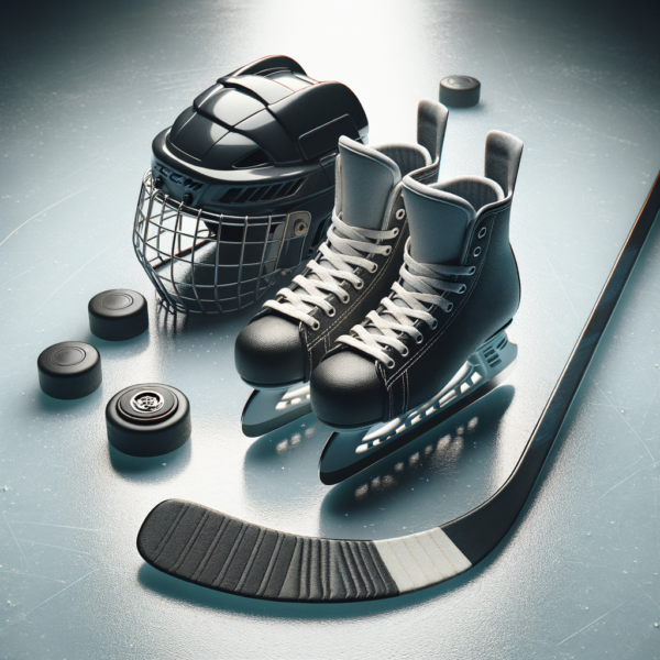 Flatlay of essential hockey equipment on ice.