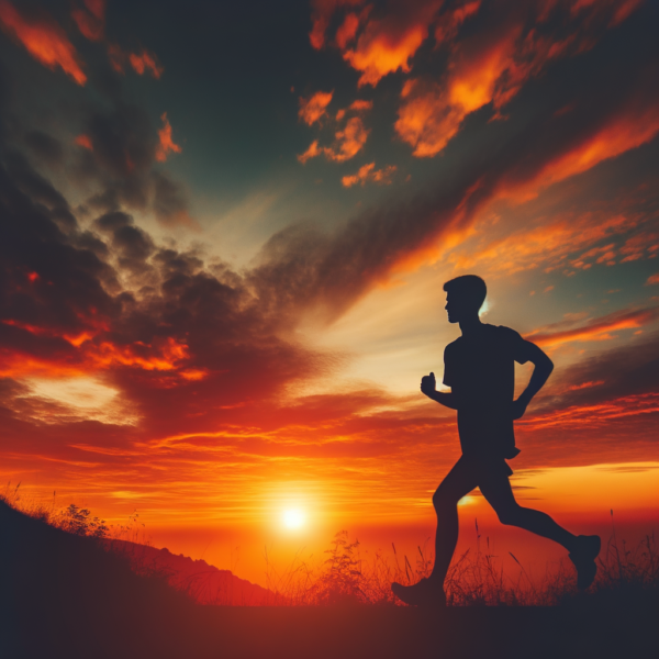 A silhouette of a runner focusing as the sun sets behind them