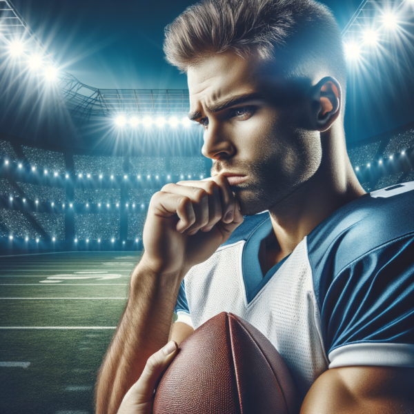 A football player in deep thought holding a ball