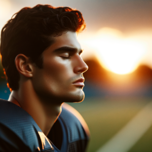 American football player in deep focus preparing for a game with visualization techniques