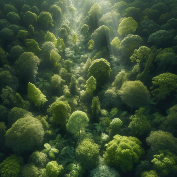 Forest canopy with sunlight streaming through the leaves