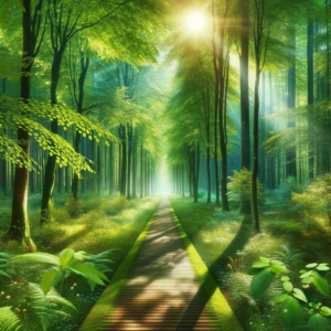 A tranquil forest path bathed in soft sunlight leading to a clear, bright horizon