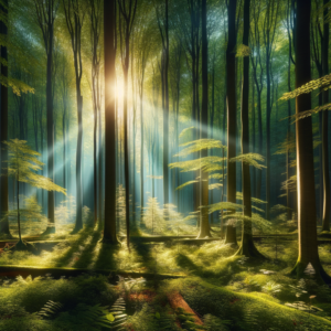 Serene forest landscape with sunlight filtering through trees