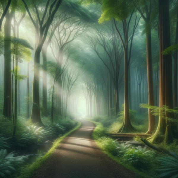 Tranquil forest path enveloped in soft mist